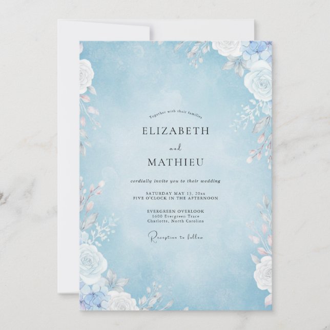 Powder Blue Petal Wedding Invitation (Front)