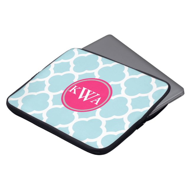 Powder Blue Quatrefoil Fancy Label Monogram Laptop Sleeve (Front Top)