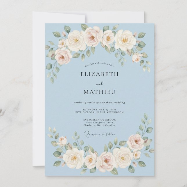 Powder Blue Refined Botanical Wedding Invitation (Front)