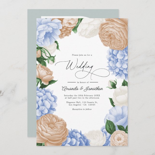 Powder Blue, Sand Beige & White Floral Wedding Invitation (Front/Back)