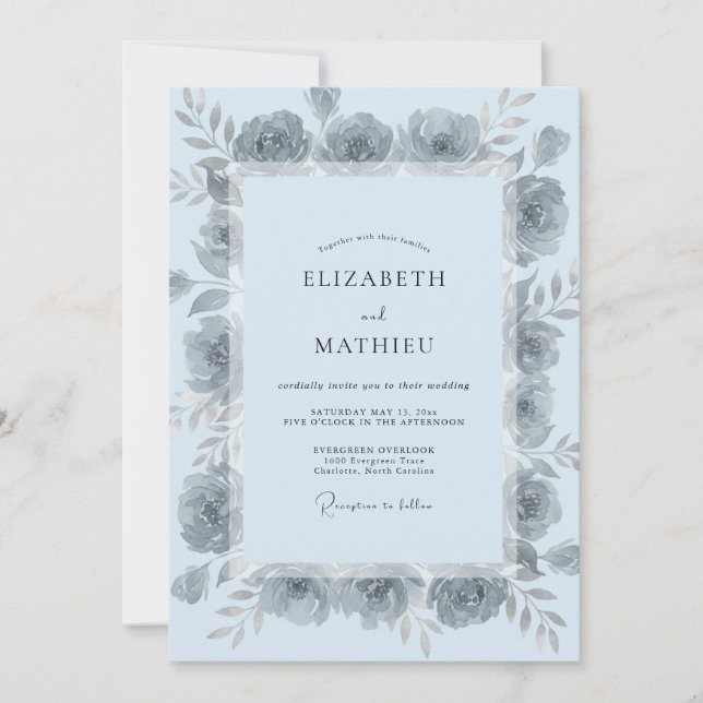 Powder Blue Silver Petal Wedding Invitation (Front)