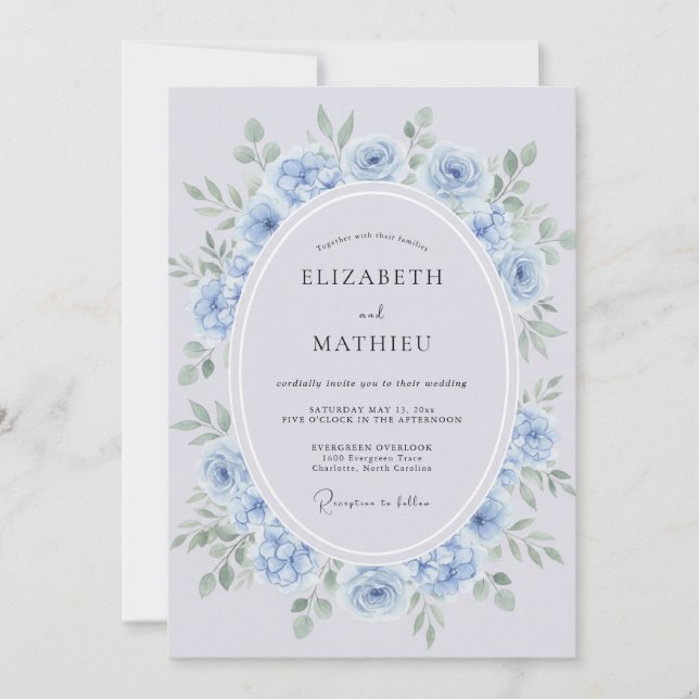 Powder Blue Soft Floral Wedding Invitation (Front)