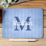 Powder Blue Vintage Pinstripe Retro Monogram Mouse Pad<br><div class="desc">This design features a vintage pinstripe pattern in pastel powder blue with darker blue dashed stripes. Personalise it with your monogram initial in blue and your name in white retro script.</div>