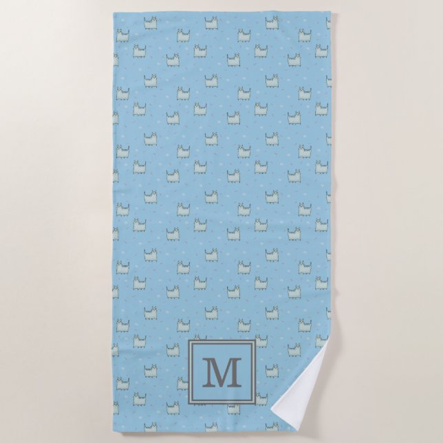 Powder Blue Whimsical Cats Pattern with Monogram Beach Towel (Front)