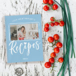 Powder Blue White Brush Script Recipes Photo Notebook<br><div class="desc">Photo recipe notebook,  perfect for bridal showers. In a charming powder blue and white design,  recipes is written in brush script beneath a photo of your choosing. A heart dots the i. Your photo fits into a frame of drawn white lines. Add name and year in modern letters.</div>