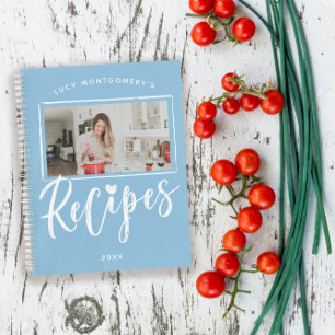 Powder Blue White Brush Script Recipes Photo Notebook