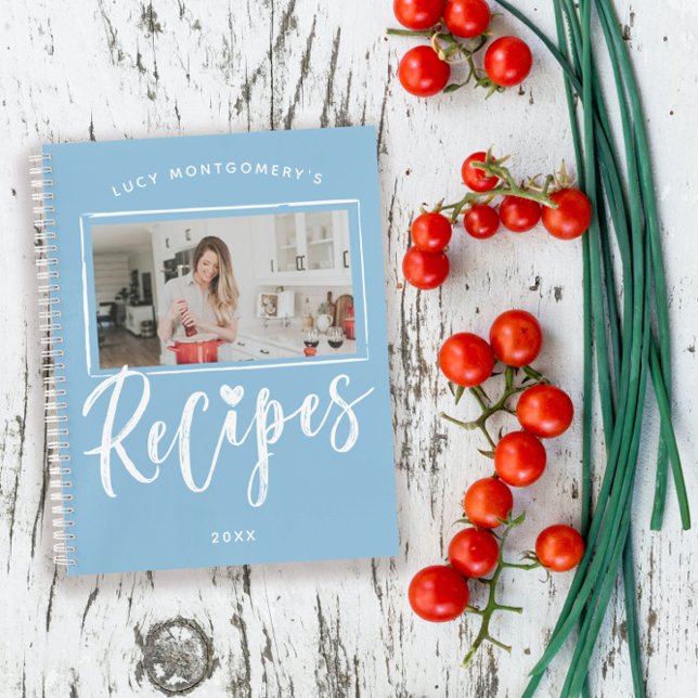 Powder Blue White Brush Script Recipes Photo Notebook (Creator Uploaded)
