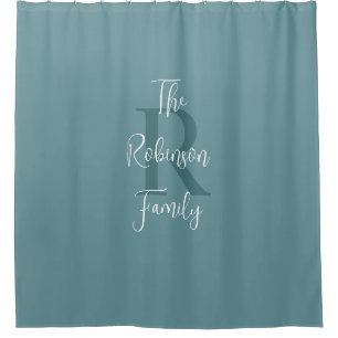 Powder Blue White Family Name Monogrammed  Shower Curtain