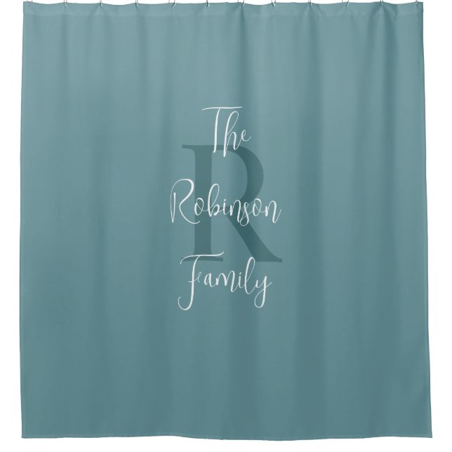 Powder Blue White Family Name Monogrammed  Shower Curtain (Front)