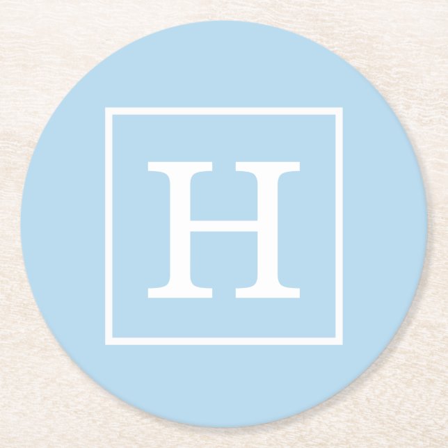 Powder Blue White Framed Initial Monogram Round Paper Coaster (Front)