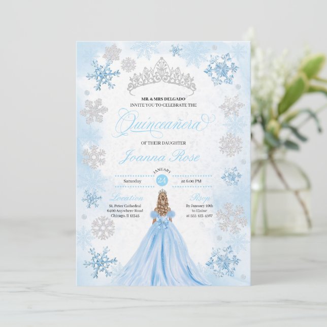 Powder Blue Winter Wonderland Quinceanera Invitation (Standing Front)
