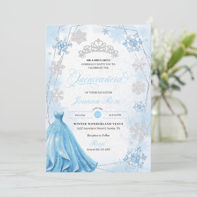 Powder Blue Winter Wonderland Quinceanera Invitation (Standing Front)