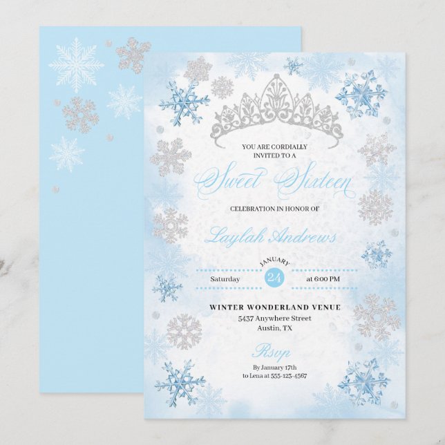 Powder Blue Winter Wonderland Snowflake Sweet 16 Invitation (Front/Back)