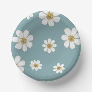 Powder Blue with Daisies Pattern Paper Plate