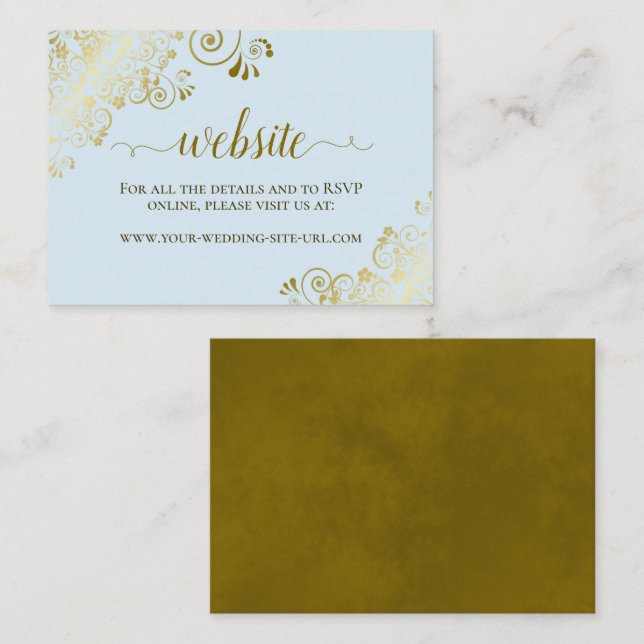 Powder Blue with Gold Floral Lace Wedding Website Enclosure Card (Front/Back)
