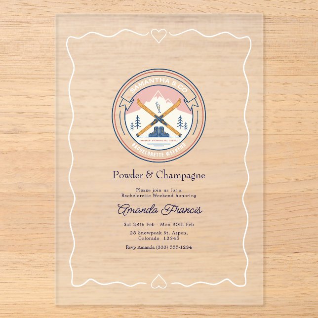 Powder & Champagne Ski Bachelorette Weekend Acrylic Invitations (Front)