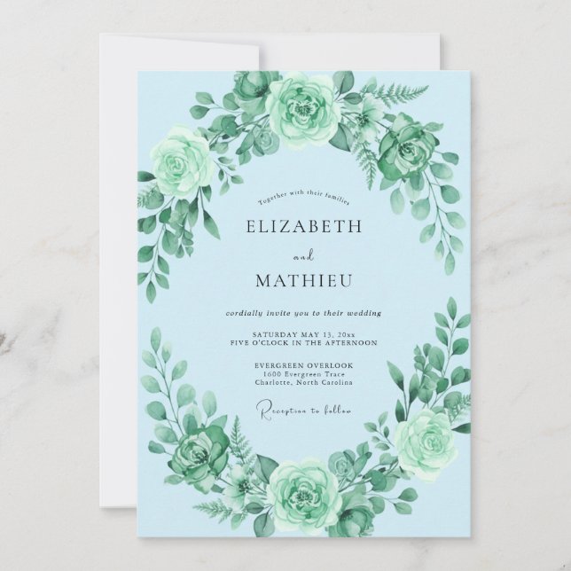 Powder Mint Wreath Wedding Invitation (Front)