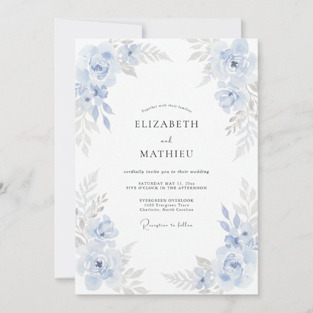 Powder Muted Blue Petal Wedding Invitation (Front)