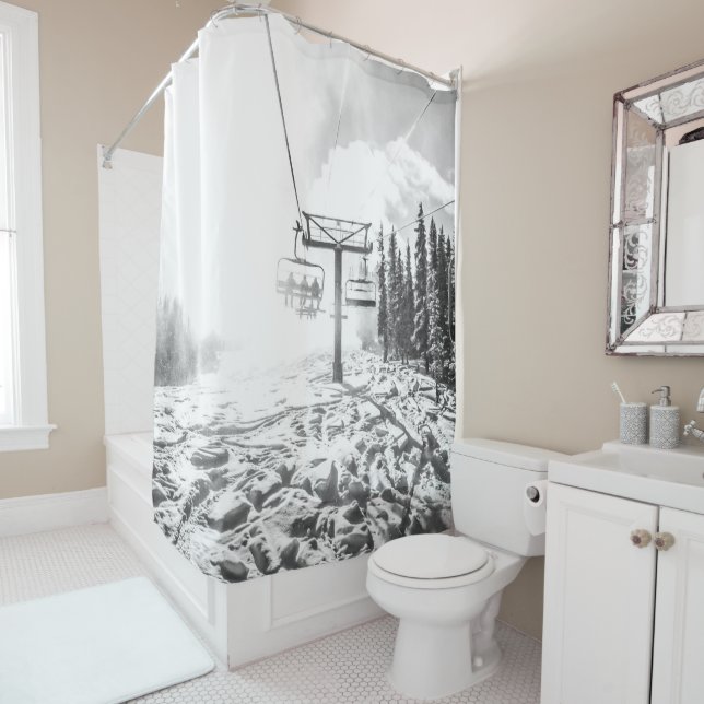 Powder on the Hill // Black and White Skilift Shower Curtain (In Situ)