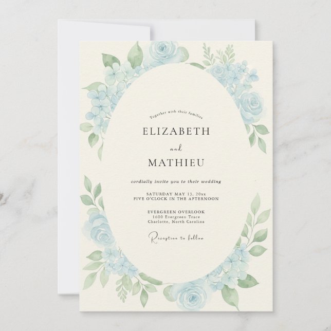 Powder Periwinkle Wreath Wedding Invitation (Front)