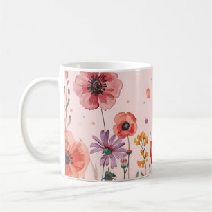 Powder Pink Background with poppies & wild Flowers Coffee Mug