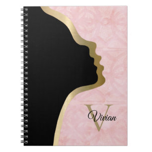 Powder Pink Batik Black And Gold Face Name Notebook