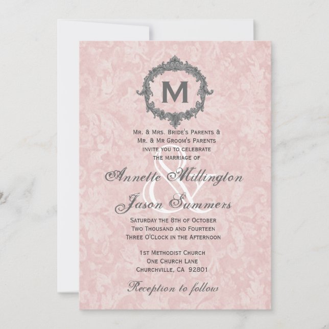 Powder Pink Damask Silver Vintage Monogram Wedding Invitation (Front)