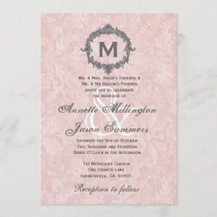 Powder Pink Damask Silver Vintage Monogram Wedding Invitation