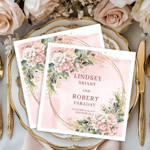 Powder Pink Flowers Greenery with Gold Glitter  Napkin