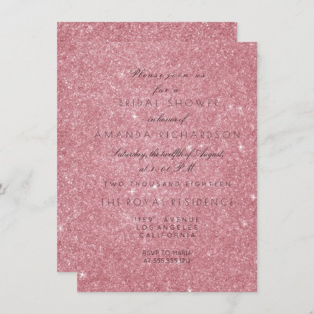 Powder Pink Rose Glitter Black White Bridal Shower Invitation (Front/Back)