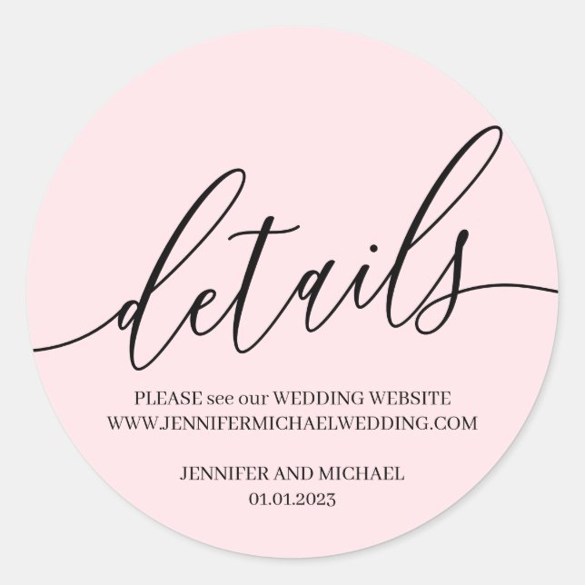 Powder Pink Wedding Signature Details text Classic Round Sticker (Front)