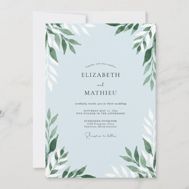 Powder Slate Blue Leafy Wedding Invitation (Front)