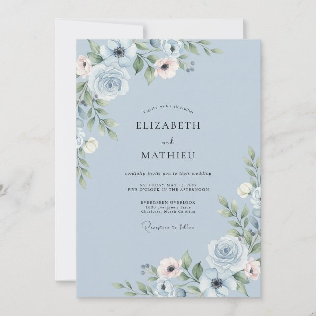 Powder Steel Peony Wedding Invitation (Front)