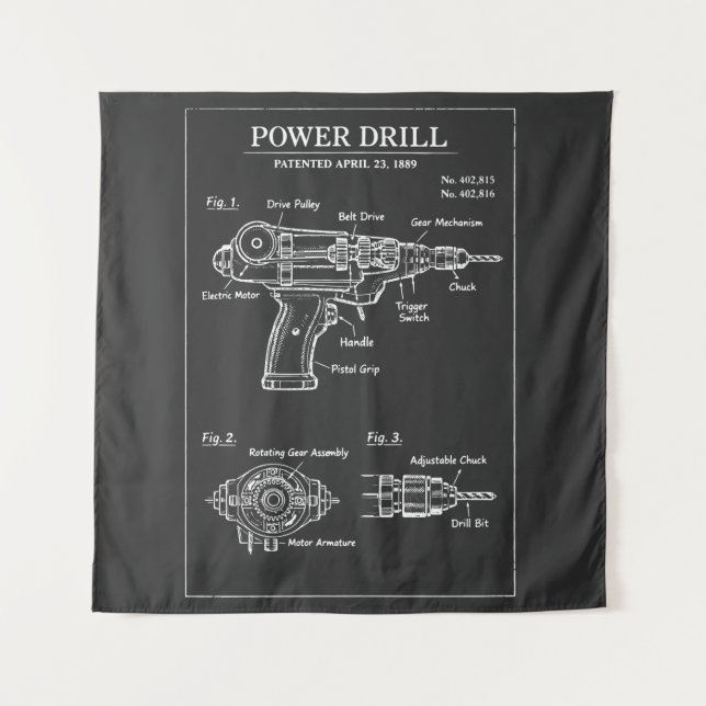 Power Drill Patent Blueprint Tapestry (Front)