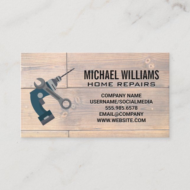 Power Drill Wrench | Wooden Panels Business Card (Front)