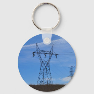Power lines in blue sky key ring