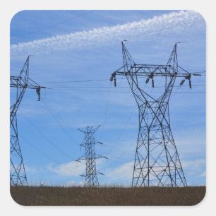 Power lines in blue sky square sticker