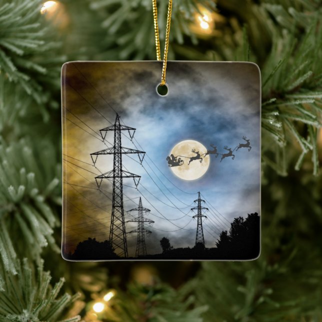 Power Lines, Santa and Full Moon Christmas Ceramic Ornament (Tree)