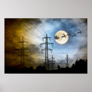 Power Lines, Santa and Full Moon Christmas Poster