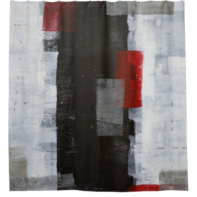 'Power Trip' Grey and Red Abstract Art Shower Curtain (Front)