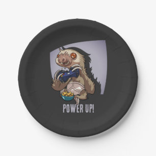 Power Up! Funny Cartoon Sloth Playing Video Games Paper Plate