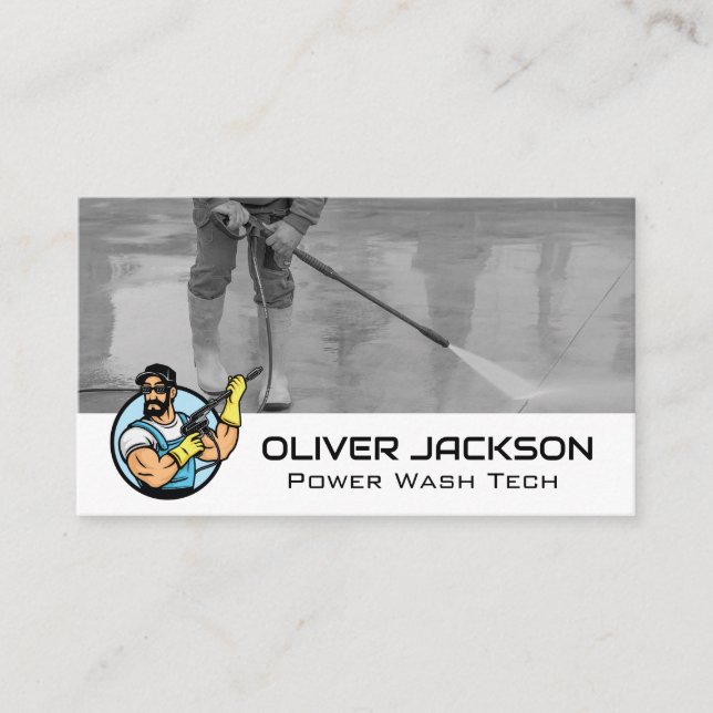 Power Wash Logo | Worker Cleaning Pavement Business Card (Front)