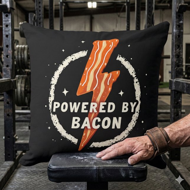 Powered by Bacon Funny Retro Foodie Aesthetic Cushion (Powered by Bacon Funny Retro Foodie Aesthetic Throw Pillow Mockup C)