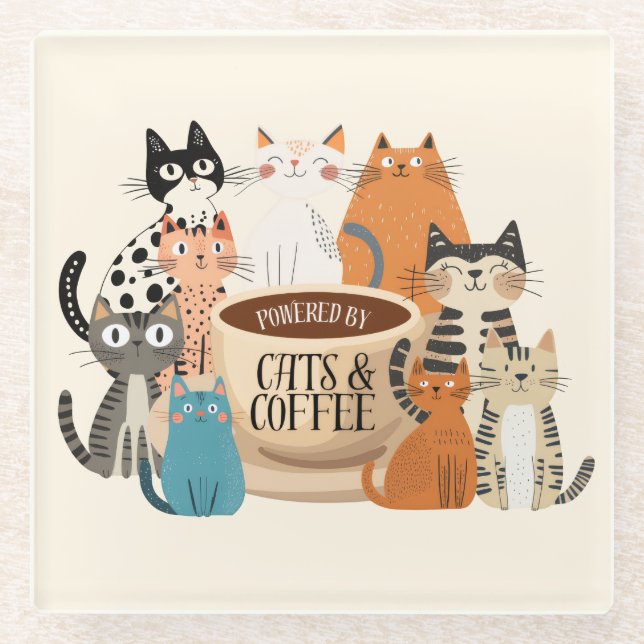 Powered by Cats and Coffee Glass Coaster (Front)