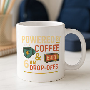 Powered by Coffee & 6 a.m. Drop‑Off Back-to-School Mug