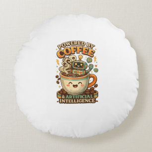 Powered By coffee and AI Retro coffee tech Graphic Round Cushion
