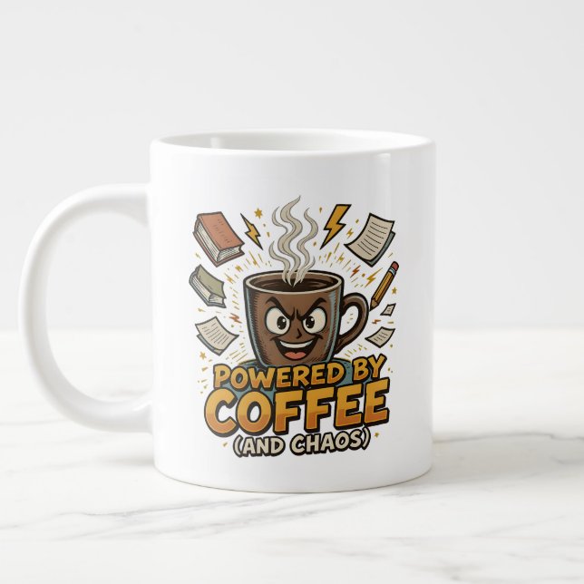 Powered by Coffee and Chaos – Funny Retro Teacher Large Coffee Mug (Left)