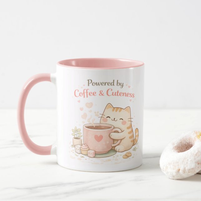 Powered by Coffee and Cuteness Cute Cat Sweet Pink Mug (With Donut)