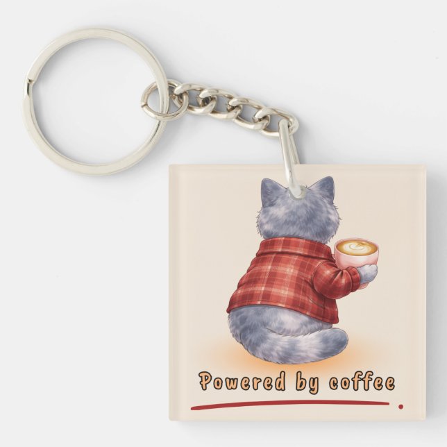 "Powered by Coffee" Cat Holding A Cup of Coffee Key Ring (Front)