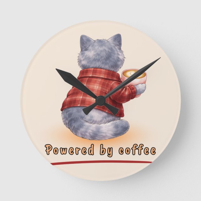 "Powered by Coffee" Cat Holding A Cup of Coffee Round Clock (Front)